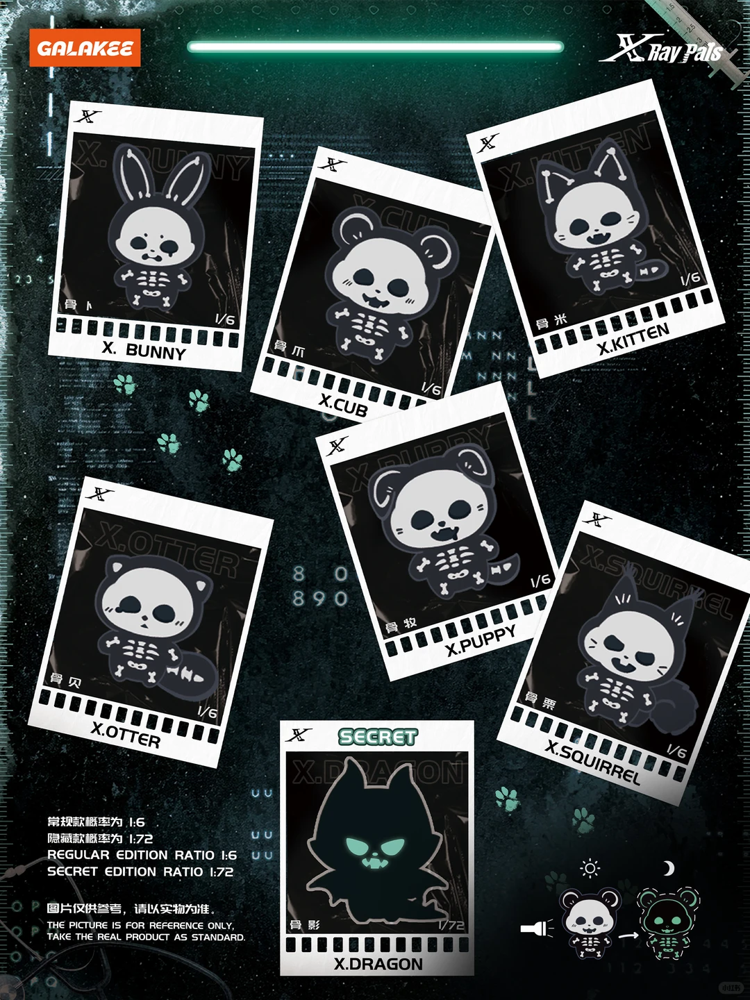 X-Ray Pals Blind Box Plush | Glow In The Dark Skeleton Cute Pet Collectible Figure, 6 Regular + 1 Secret Hidden Chase